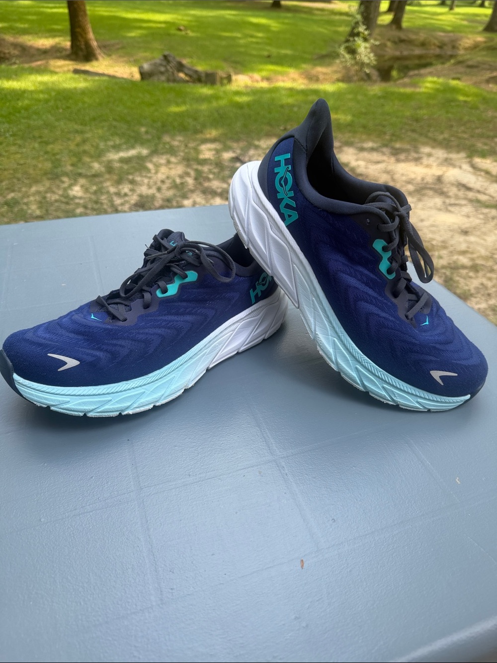 Hoka Navy Running Shoes with Aqua Accents.   Wide shoes